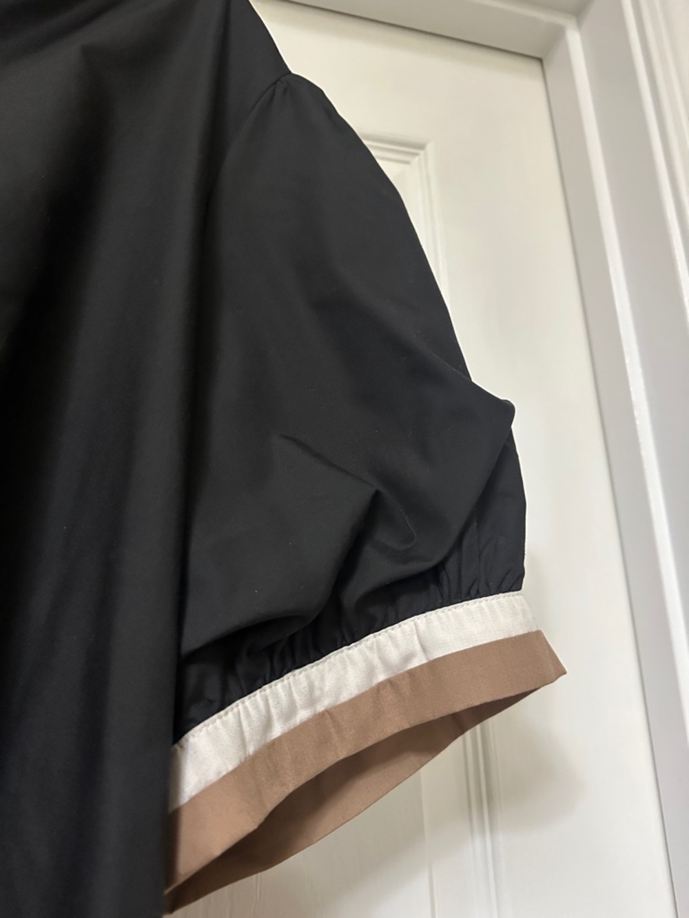 entro Black Puff Sleeve V-Neck Top with Cream and Brown Trim Accents - Picture 3 of 3
